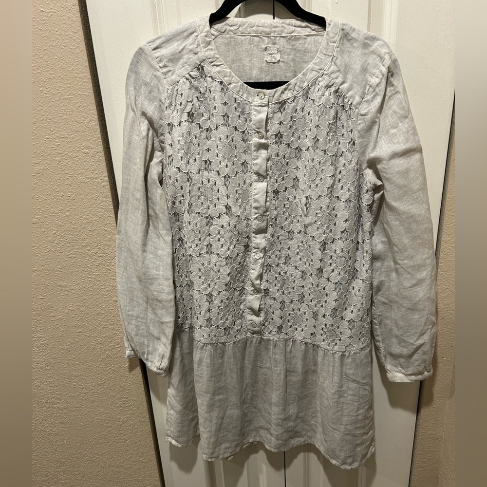 120% Lino Lagenlook Linen Dress Long Sleeve Oatmeal Sequined , size 12